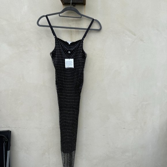 Opening Ceremony Slip Dress Black Satin Fishnet Rhinestone Embellished Sz 2 - Picture 6 of 12